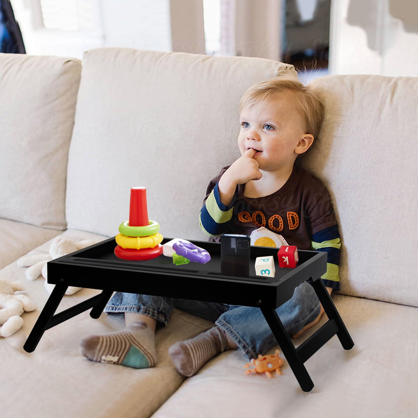 Asuthzon Bed Tray Table with Foldable Legs, Breakfast Trays for Eating on Couch with Media Slot in Bed, Eating, TV Tray, Kitchen Serving Tray(Black, Medium)