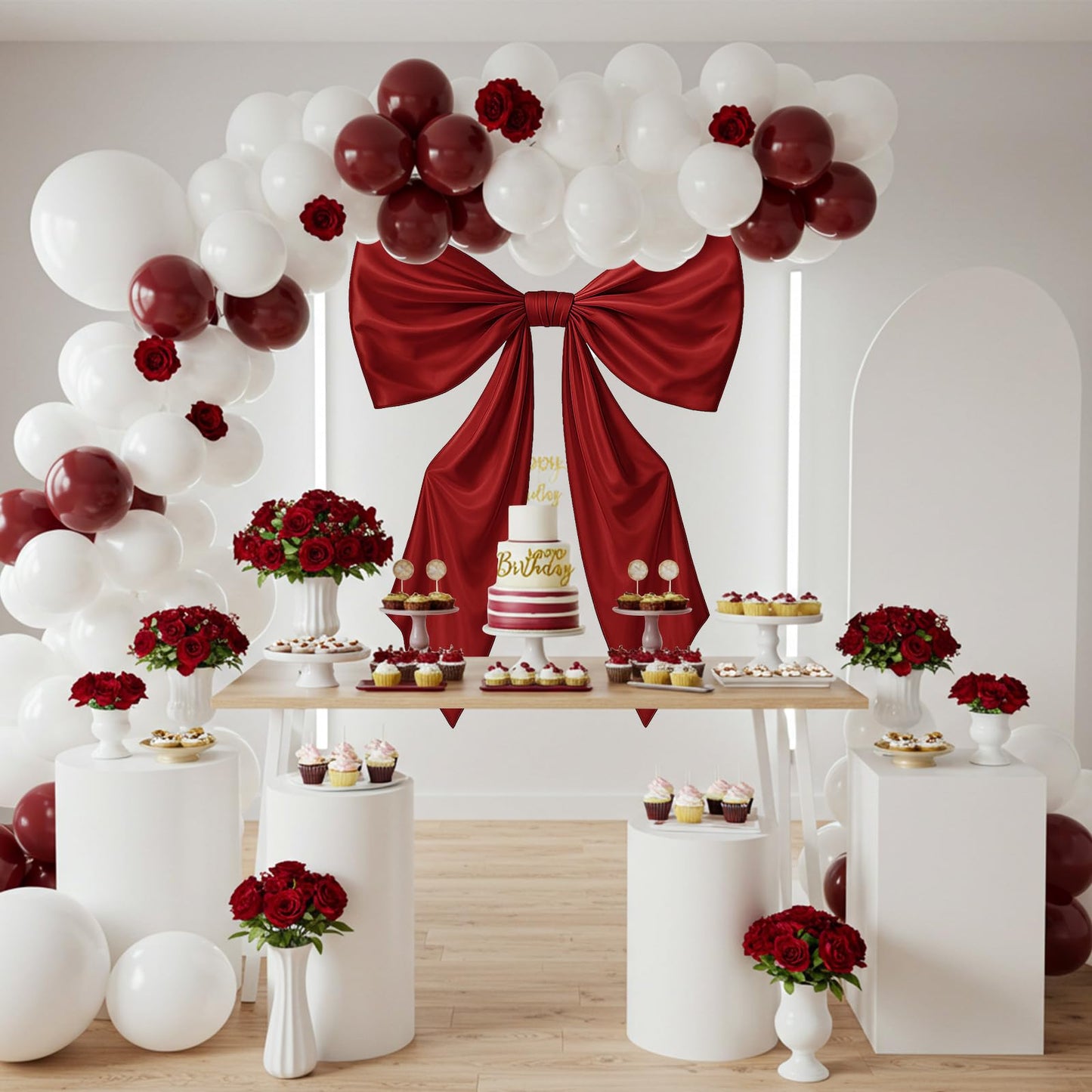 GUDELAK 43 x 24 Inches Large Burgundy Red Bow for Birthday Graduation Wedding Baby Shower Decorations, Giant Burgundy Bow Decor Satin Ribbon, Contains Felt Big Red Bow Wall Decor