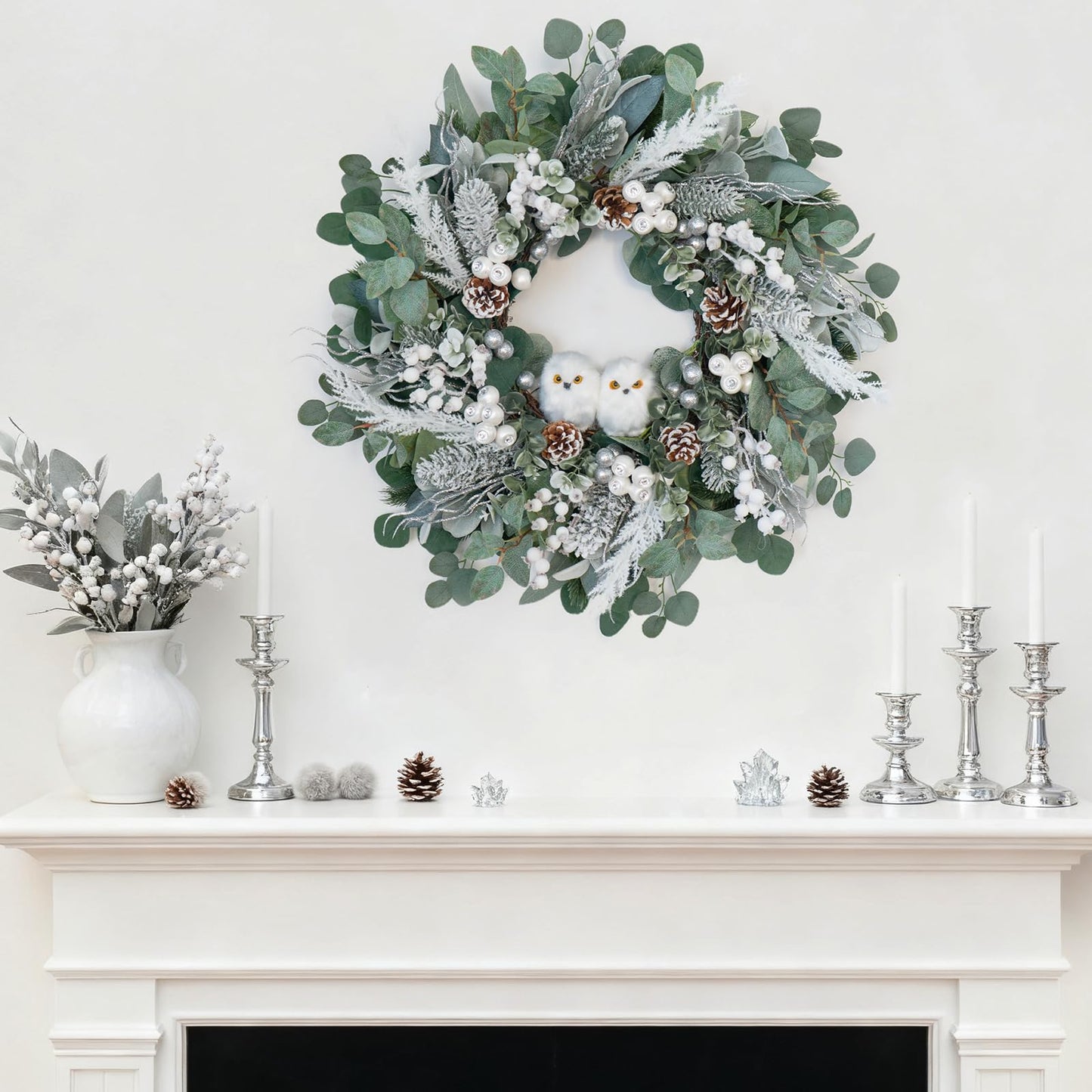Winter Wreath for Front Door, 24 Inch Christmas Wreath with Owl Decor, Pine Cones, and Evergreen Greenery, Festive Winter Door Decor, Artificial Holiday Farmhouse Rustic Wreath