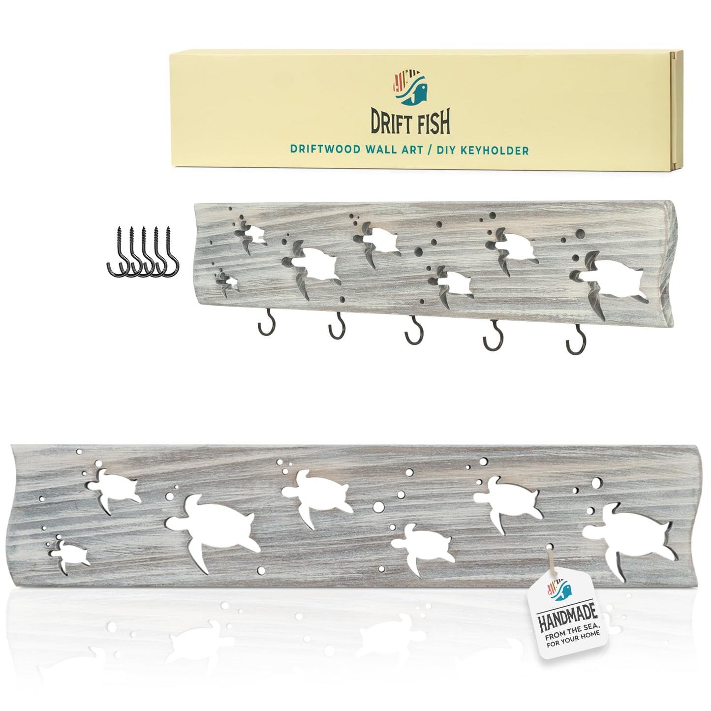 Driftwood Wall Art & DIY Key Holder – Handmade Coastal Home Decor – 17.5" Genuine Weathered Wood Plank with 5 Removable Hooks for Keys, Leashes, and Jewelry – Nautical Beach House Wall Hanging (Turtle March)