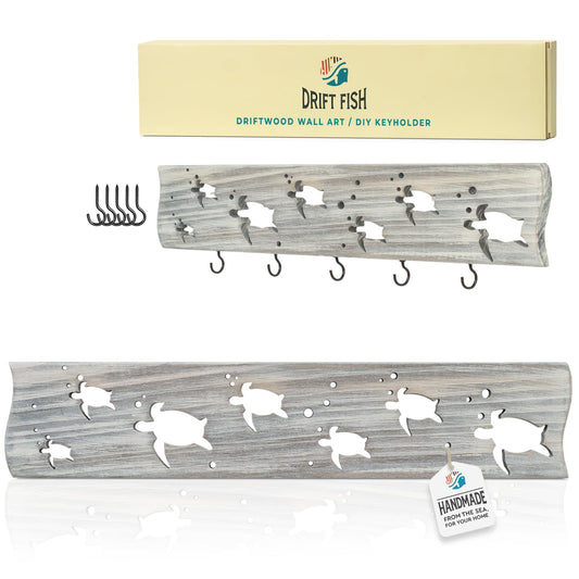 Driftwood Wall Art & DIY Key Holder – Handmade Coastal Home Decor – 17.5" Genuine Weathered Wood Plank with 5 Removable Hooks for Keys, Leashes, and Jewelry – Nautical Beach House Wall Hanging (Turtle March)