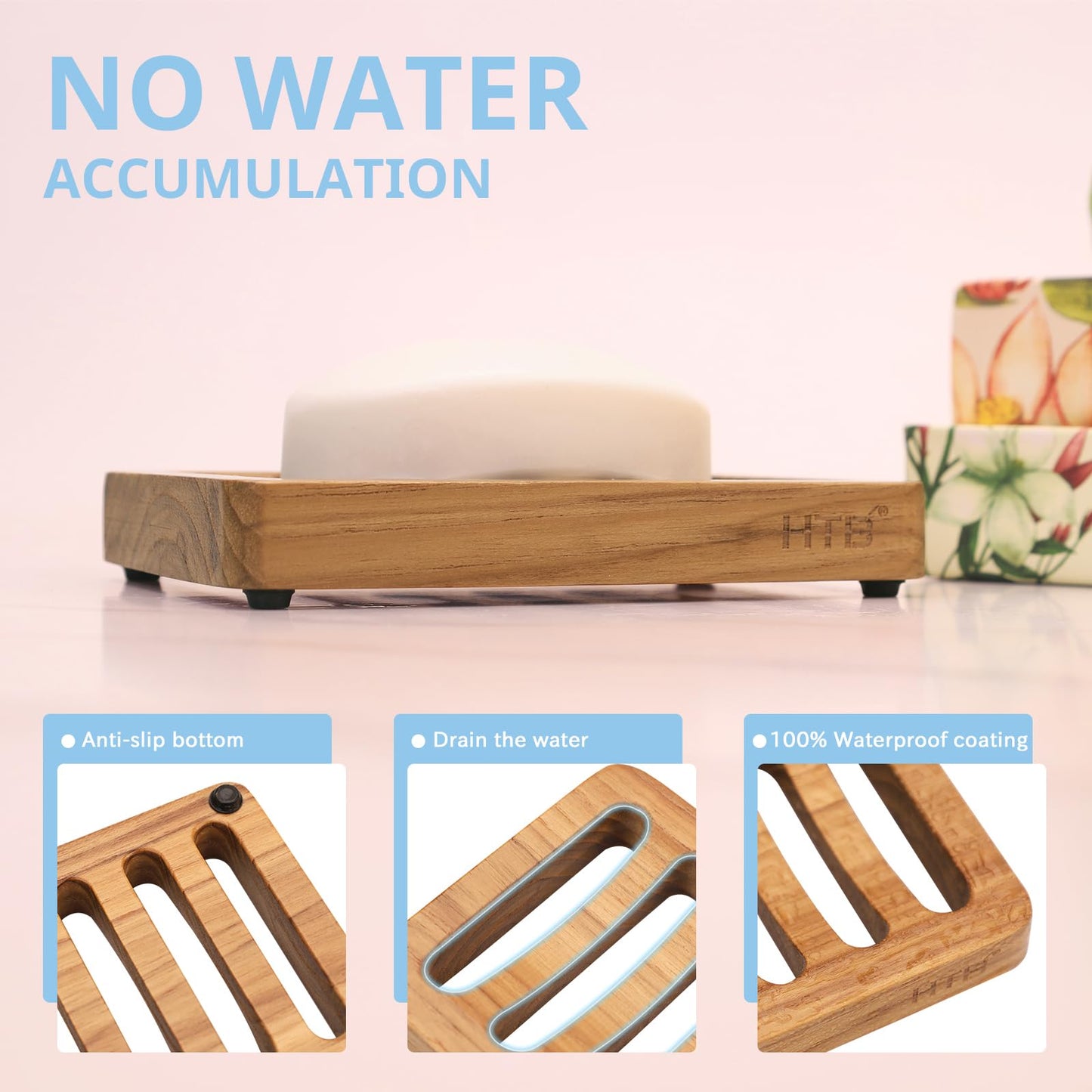 Slotted Bar Soap Holder Teak Wood by HTB, Kitchen Wooden Sponge Holder, Self Draining Soap Dish for Shower, Sink, Bathroom, Bathtub, RV