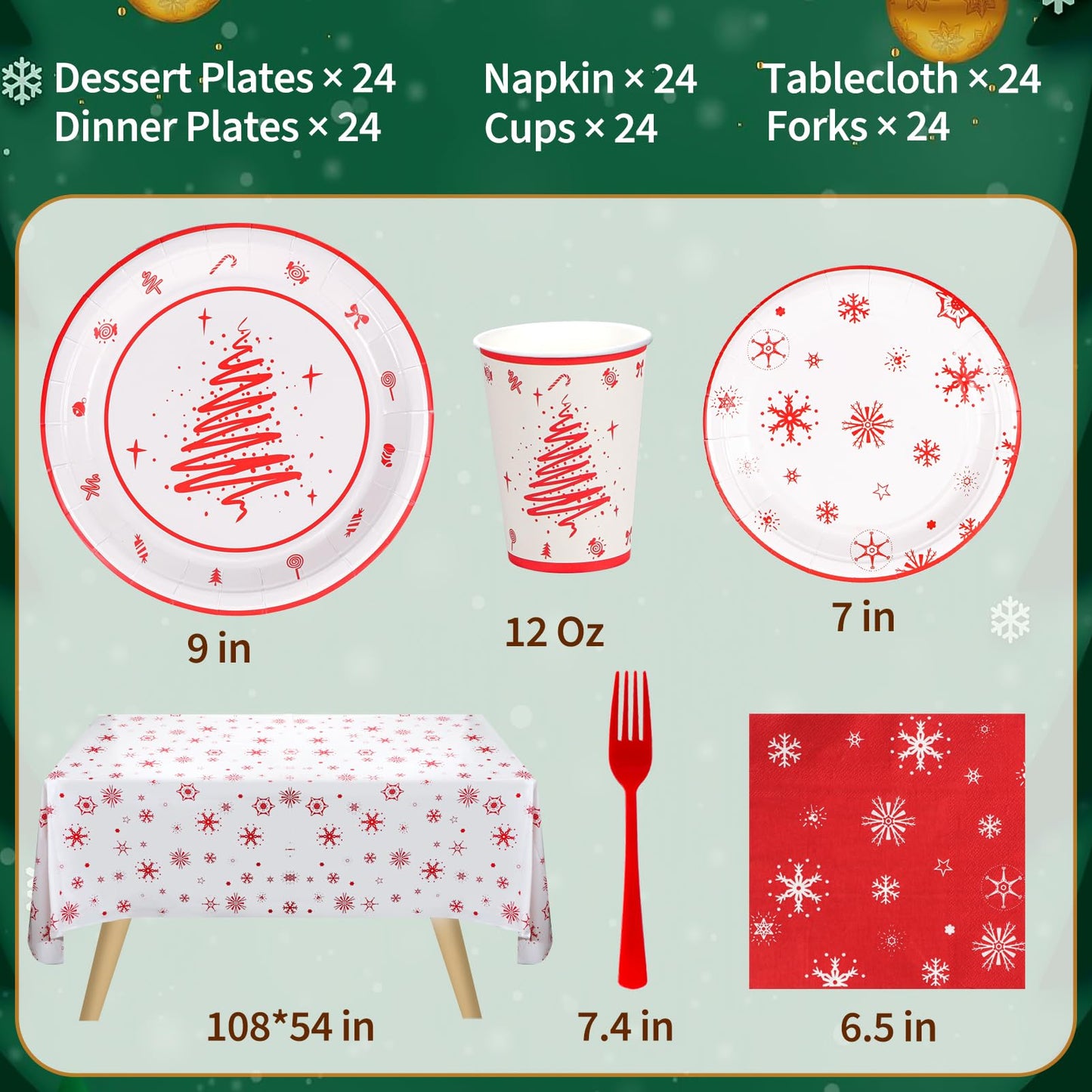 Atonofun Christmas Party Supplies, Merry Christmas Plates and Napkins, Christmas Disposable Plates, 12oz Cups, Napkins and Forks for Birthday, Baby Shower, Xmas, Christmas Themed Parties Serves 24