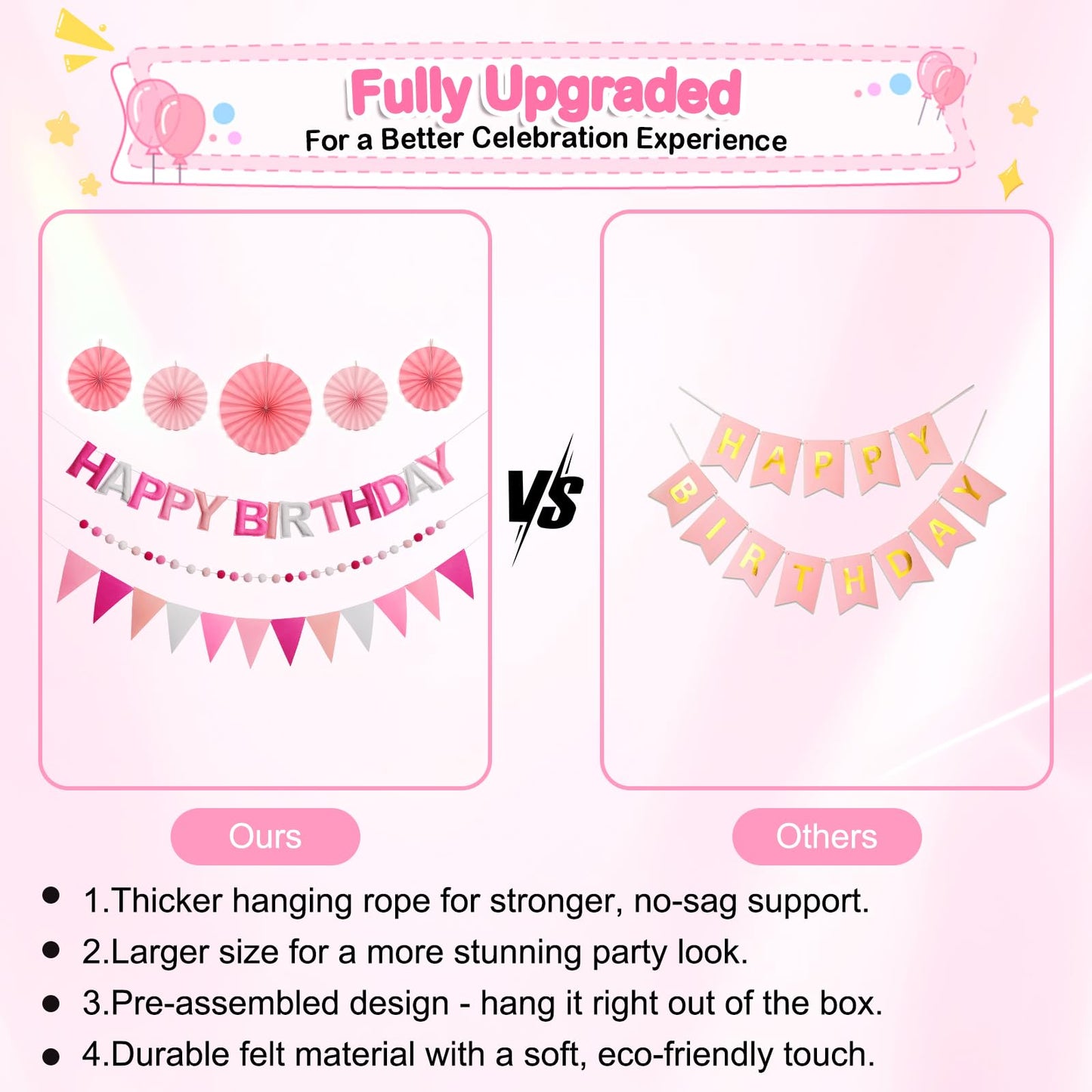 Danadia Pre-Strung Happy Birthday Banner, Reusable Felt Birthday Party Decorations, 3D Effect Happy Birthday Sign with Felt Ball Garland, Pennant Flag, Hanging Paper Fans for Men Women Boy Girls (Pink)