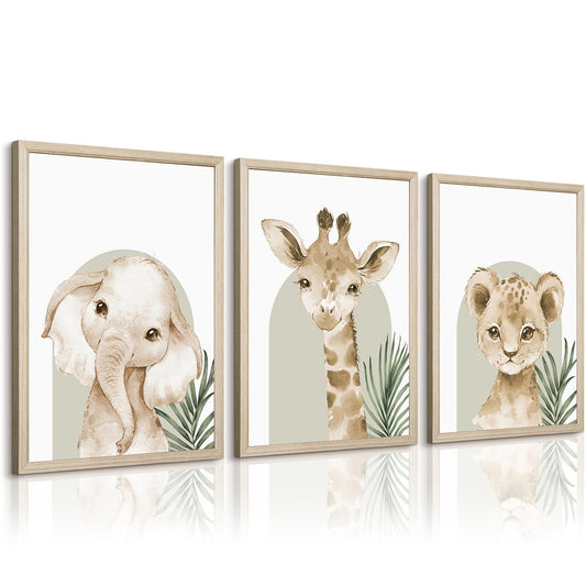 Animal Wall Art Pictures Baby Nursery Canvas Wall Art Decor Safari Animal Prints Jungle kids Wall Art Woodland Nursery Wall Decor Giraffe Jungle Poster for Room 12x16 Inch Wood Framed Set of 3
