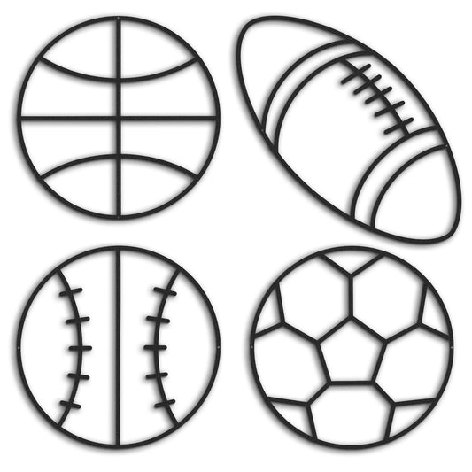 Funrous 4 Packs Sports Room Wall Decor for Boys Metal Modern Soccer Football Wall Art Decor Black Basketball Baseball Hanging Room Decorations for Kids Boy Sports Playroom Bedroom Nursery