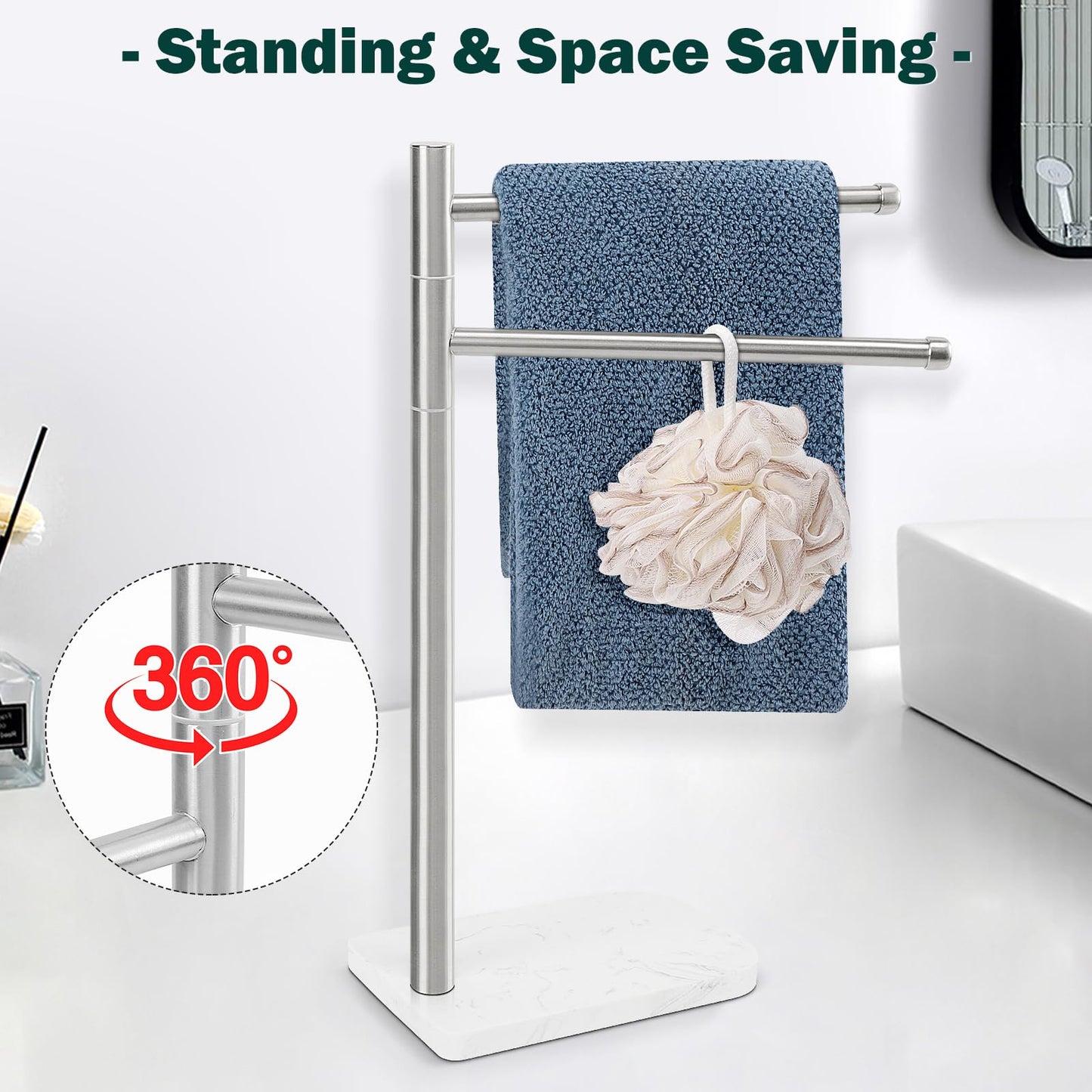 BathAce Hand Towel Holder, F-Shape Hand Towel Stand with Marble Base, Stainless Steel Swivel Hand Towel Rack Standing Towel Bar for Bathroom Kitchen Countertop, 2 Arms (Brushed Nickel)