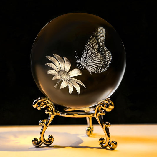 HDCRYSTALGIFTS 60mm Butterfly Crystal Ball Paperweight,3D Laser Engraved Butterfly on Sunflower in Glass Ball with Stand Decorative Glass Sphere Home Decor Gifts for Women Girls