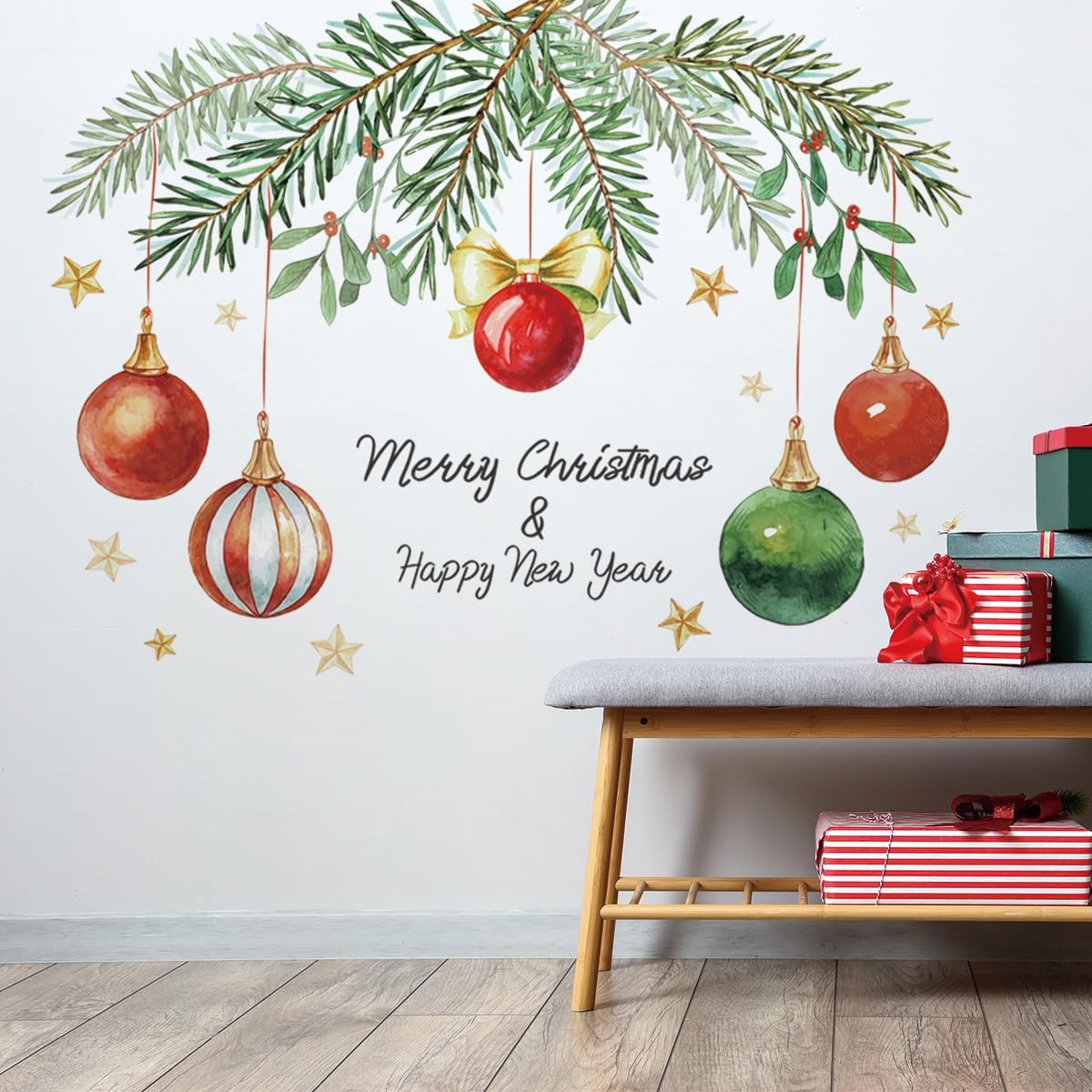 Merry Christmas Wall Decals Happy New Year Wall Stickers Removable Light Ball Wall Decals Decor for Xmas Holiday Party Supplies Home Decor