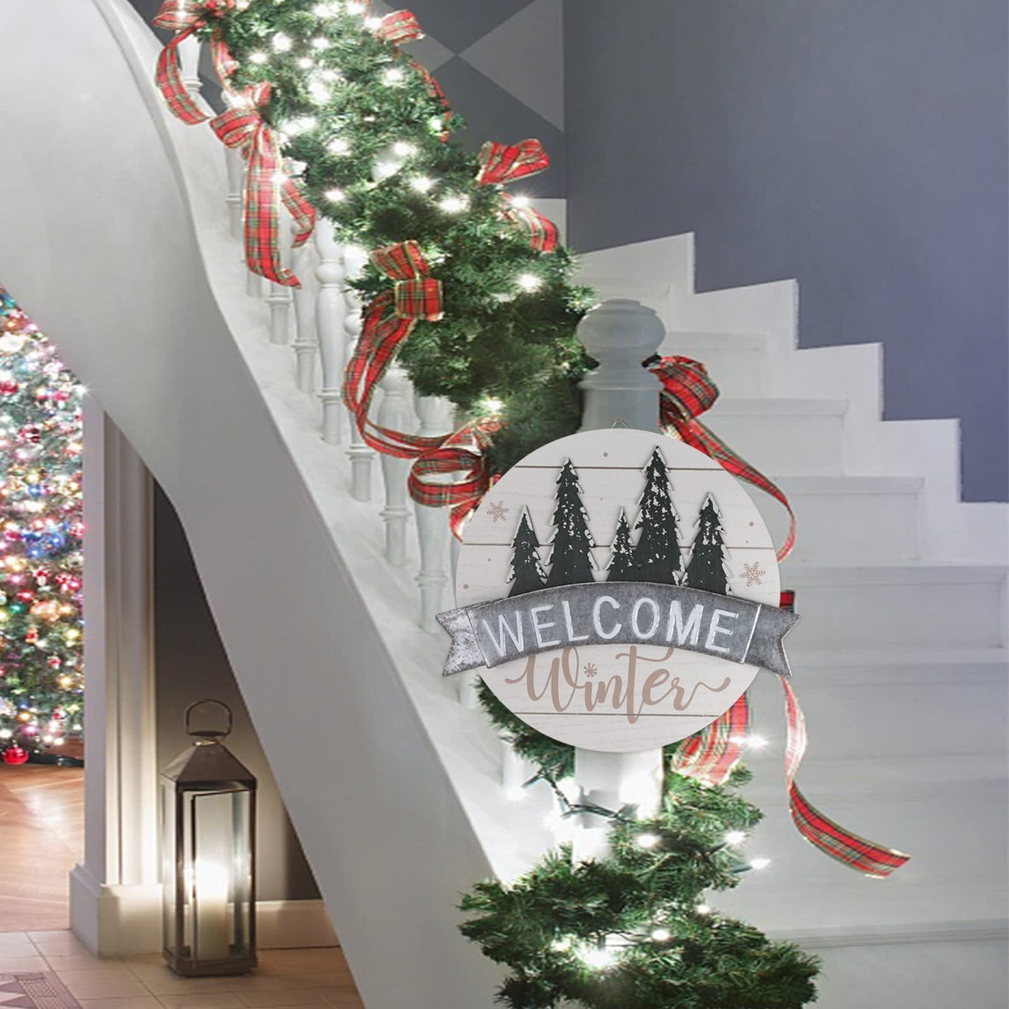 Sfozstra Winter Welcome Sign - Elegant Front Door Decorative Welcome Sign, Hangable Outdoor Decoration, Christmas & Thanksgiving Gift. Iron Door Hanging (White)