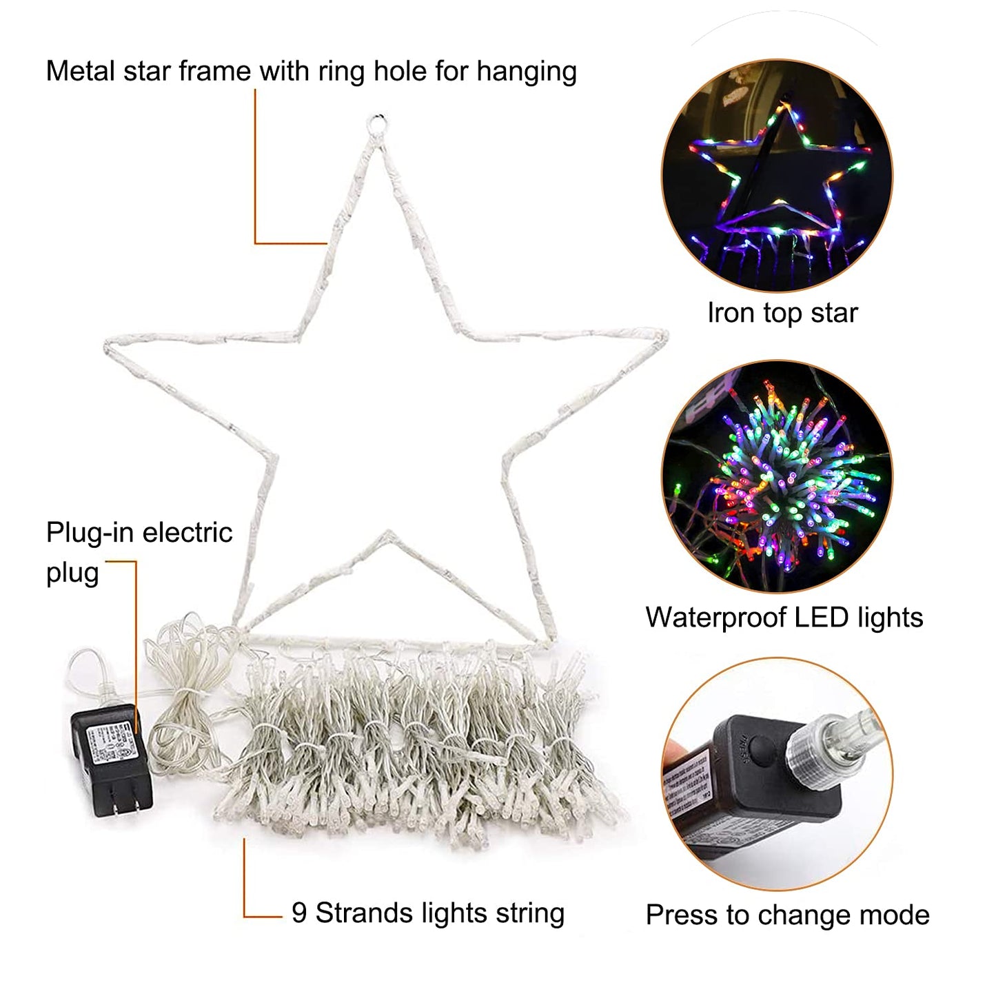 Christmas Decoration Lights, Outdoor Christmas String Lights 320 LED 11.5 Ft Waterfall Tree Light with Big Star Topper 8 Light Modes for Xmas New Year Holiday Garden Yard Indoor Outdoor Decor