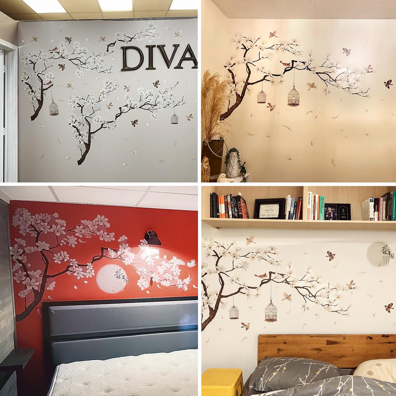 Chinese Style White Flowers Black Tree and Flying Birds Wall Stickers Removable DIY Wall Art Decor Decals Murals for Kids Nursery Offices Home Walls Bedroom Study Room Wall Decaoration, 50inchx74inch