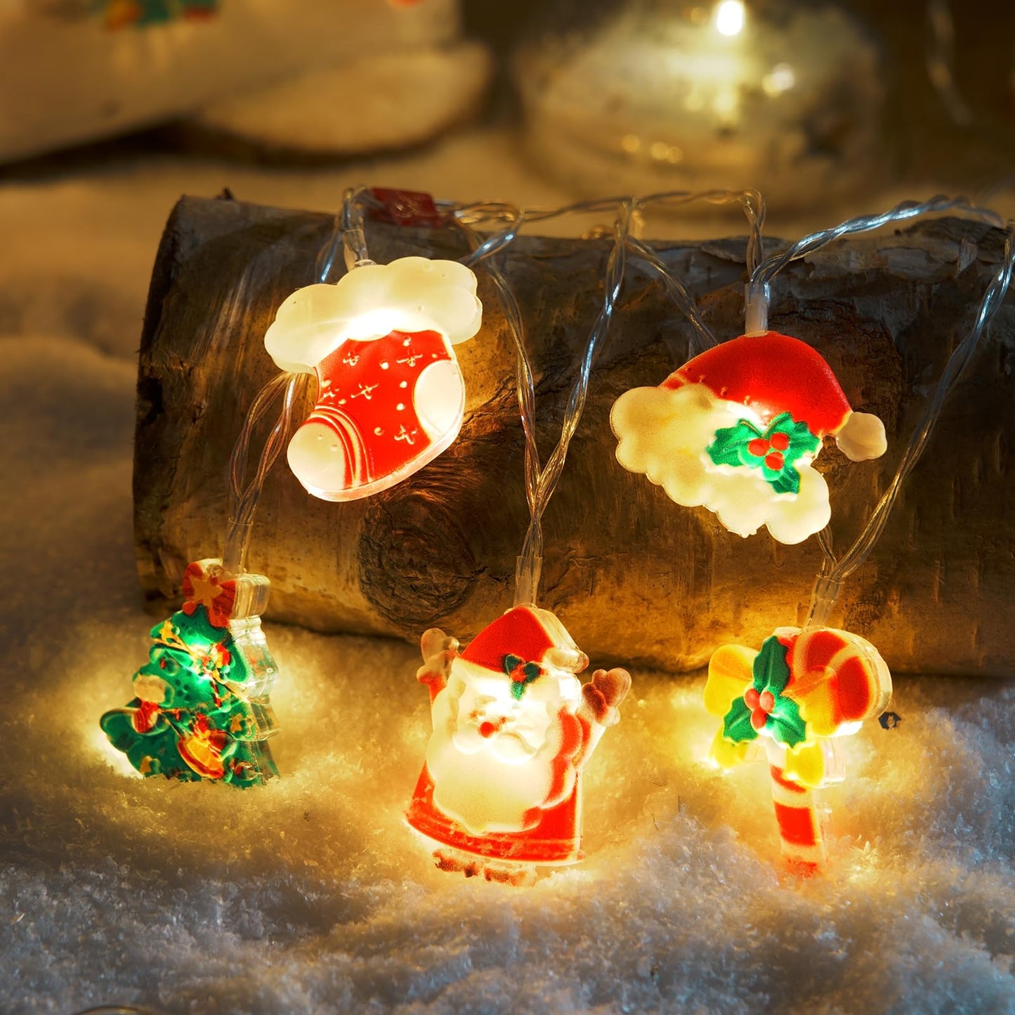 LOLStar Christmas Fairy String Lights, 20 LED Xmas Warm White Lights Hanging Decors with Santa Claus Wreath Tree Snowman Candy Cane Hat Stockings Battery Operated Indoor Window Lights for Party Home