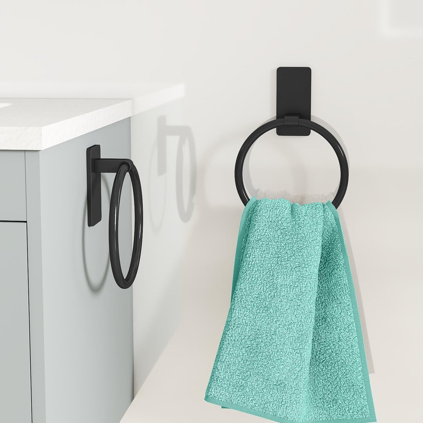 STWWO Adhesive Towel Ring, Hand Towel Holder for Bathroom, Adhesive Round Towel Ring for Bath RV, Black