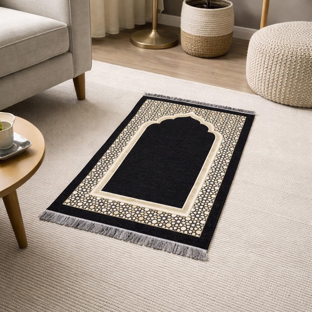 Modefa Turkish Islamic Prayer Mat - Thin Woven Chenille Sajjadah - Intricate Praying Rug Ramadan Eid Gift - Traditional Muslim Janamaz Sajada for Men Women - Geometric Selcuk Star (Black)