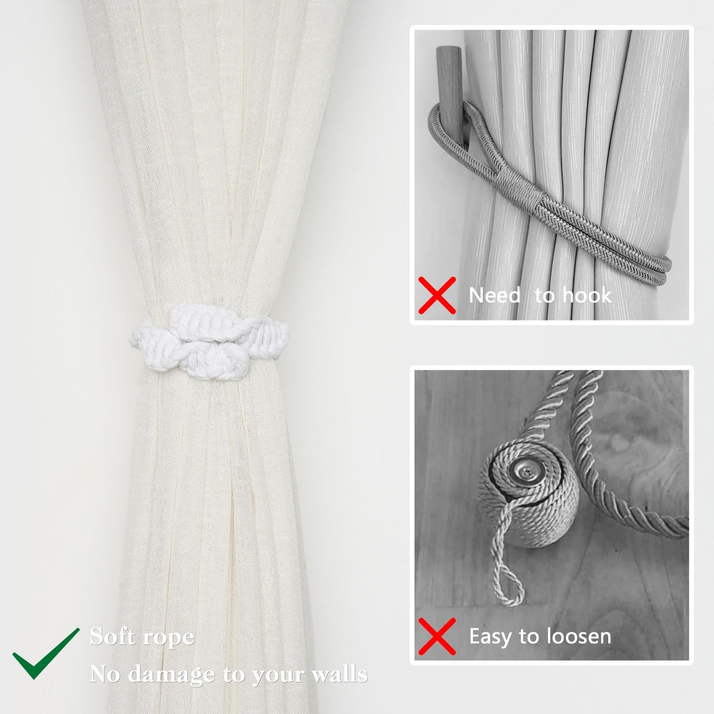 NICEEC 2 Pack Natural Cotton Rope Curtain Tiebacks Farmhouse Rustic Style Decorative Drape Tie Backs Spiral Braided Curtain Holdbacks for Home & Office Sheer/Light Weight Drapery (C-White)