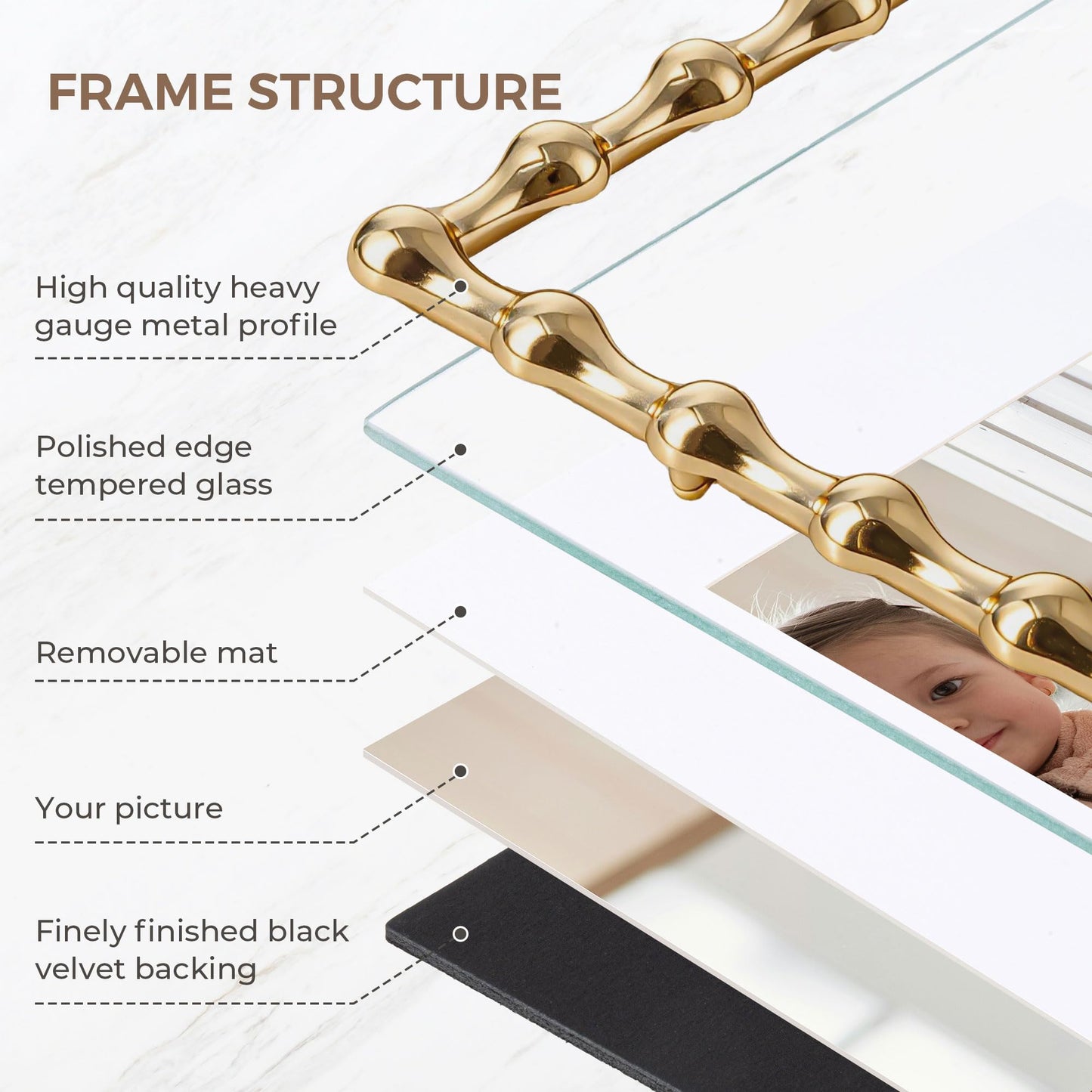 RICHFOCUS 4x6 Gold Picture Frame, Modern Zinc Alloy Photo Frame with Water Droplet Design, Mat for 3x5 Photo, Heavy Duty Metal Frame with Tempered Glass & Velvet Back for Tabletop & Wall Decor