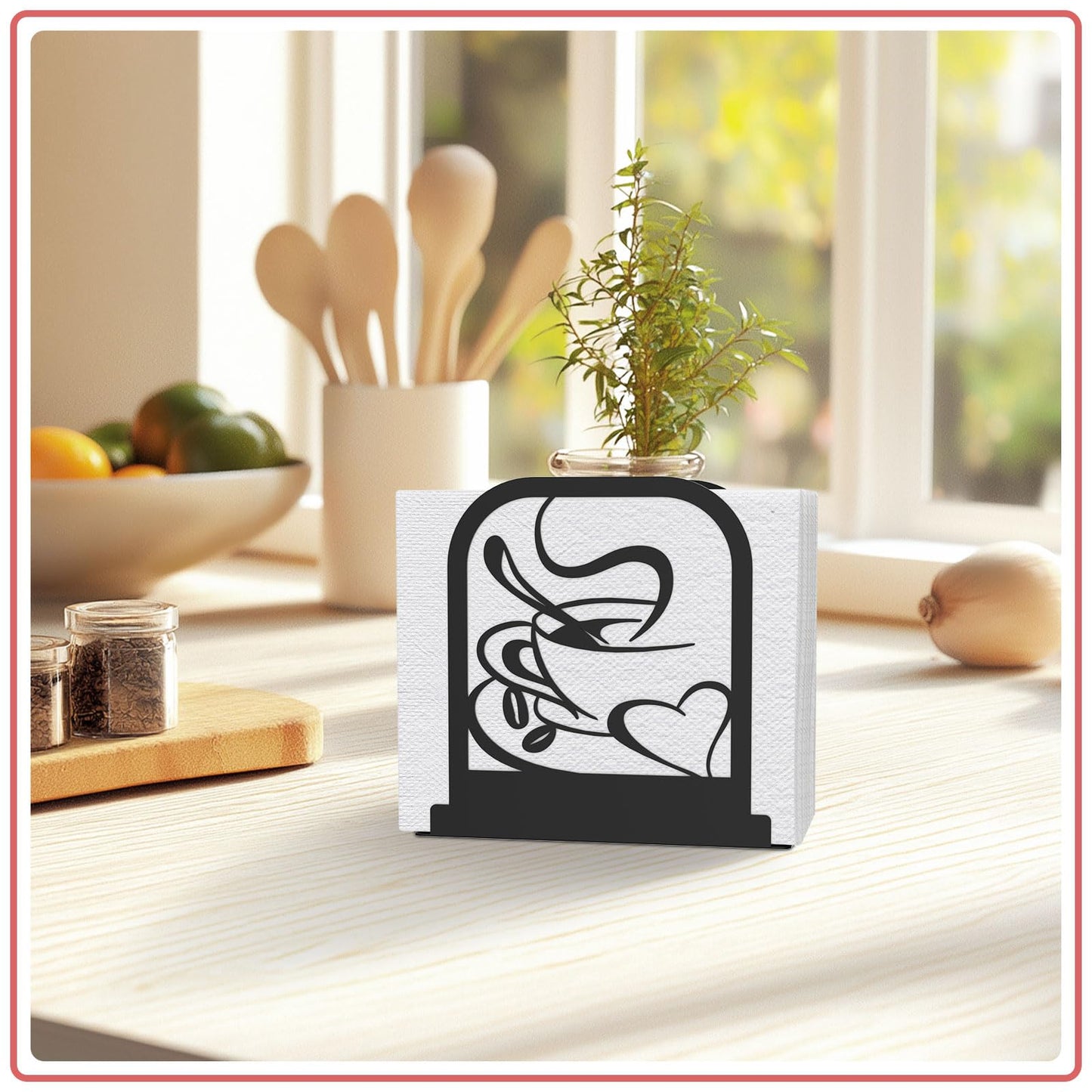 Modern Standing Napkin Holder for table, Black Metal Napkin Dispenser, Coffee time Theme Style Napkin Holder, Suitable for Kitchen, Coffee Shop, Dining Room