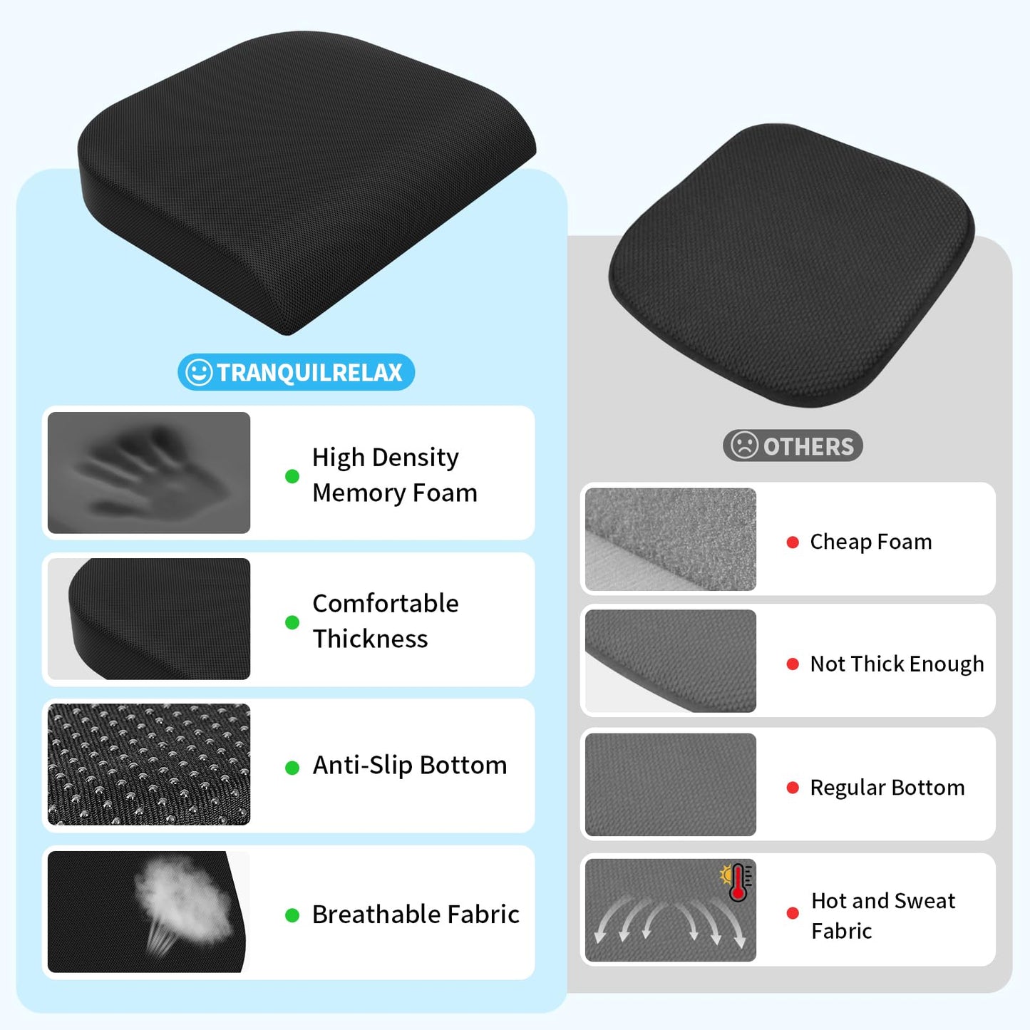 TranquilRelax Large Seat Cushion, Memory Foam Cushion for Long Sitting Hours on Office Chair, Car Seat, Non-Slip Chair Pad for Sciatica, Coccyx, Tailbone Pain Relief & Post-Surgery Recovery (Black)