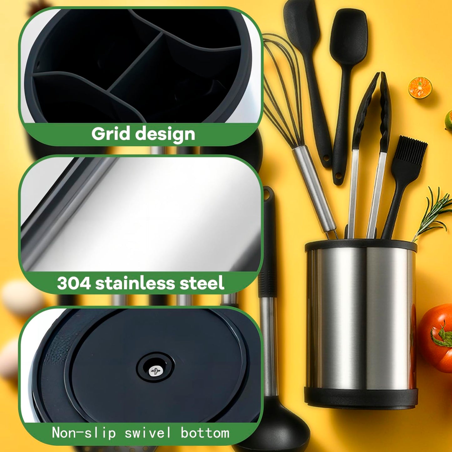 TIMENIL Kitchen Utensil Holder for Countertop, 360°Rotating Cooking Utensil Crocks，4 Compartment Stainless Steel Utensil Holder,6.7”Large Utensil Crock Spoon Fork Knife Holder For Kitchen Counter