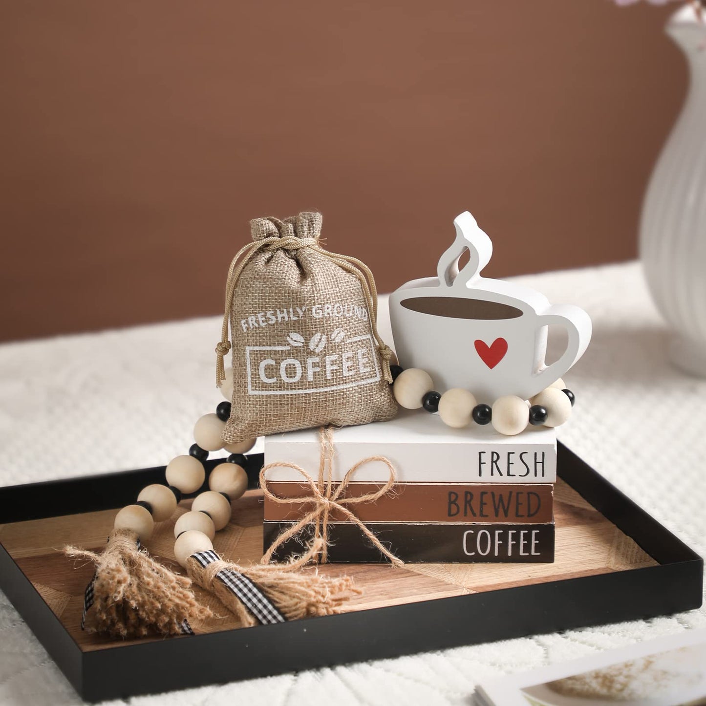 Coffee Bars Decor, 6 PCS Coffee Bar Decorations,Mini Wooden Book Stacks with Bead Garland, Coffees Bar Accessories for Tiered Tray,Table,Shelf,Rustic Farmhouse Home Decor