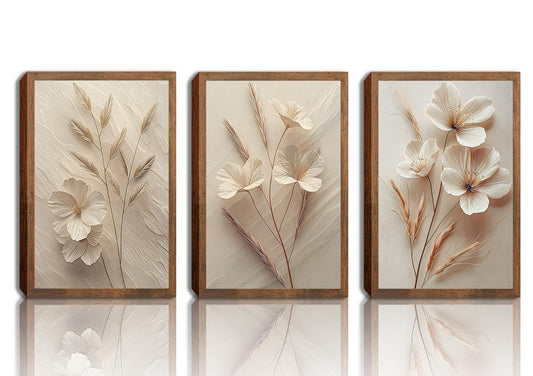 MQjopna Neutral Beige Floral Canvas Wall Art Set of 3, Modern Minimalist Texture Botanical Wall Decor, Vintage Flower Poster Prints for Living Room Bedroom Farmhouse Ready Home Decor 12x16in Framed