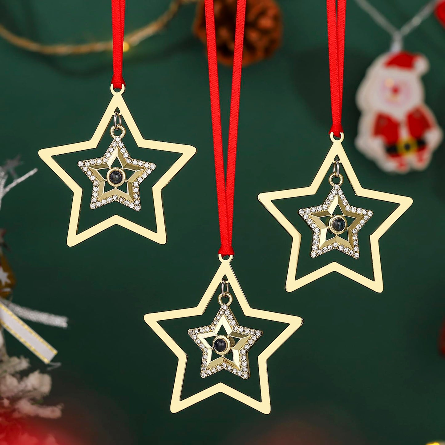Set of 3 Christmas Hanging Ornaments - Silver Snowflake Star Pawprint Christmas Tree Decor for Xmas Tree Gift Decorative Hanging Ornaments Hanging Pendants (3, Golden Star)
