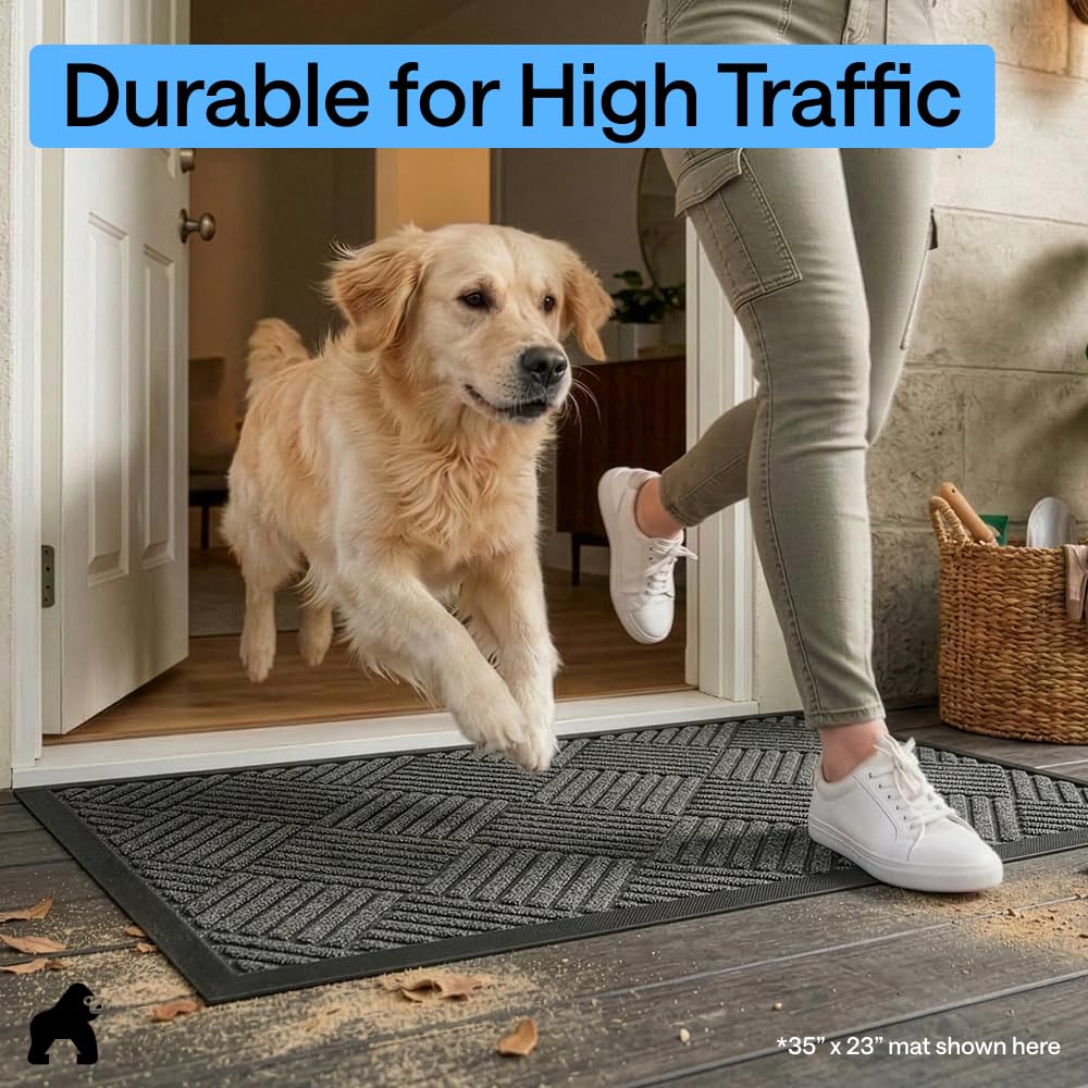 GORILLA GRIP 100% Waterproof All-Season WeatherMAX Doormat US Designed Natural Rubber, Stain Fade Resistant, Low Profile Indoor Outdoor Door Mats, Easy Clean, 29x17 Gray Diamond