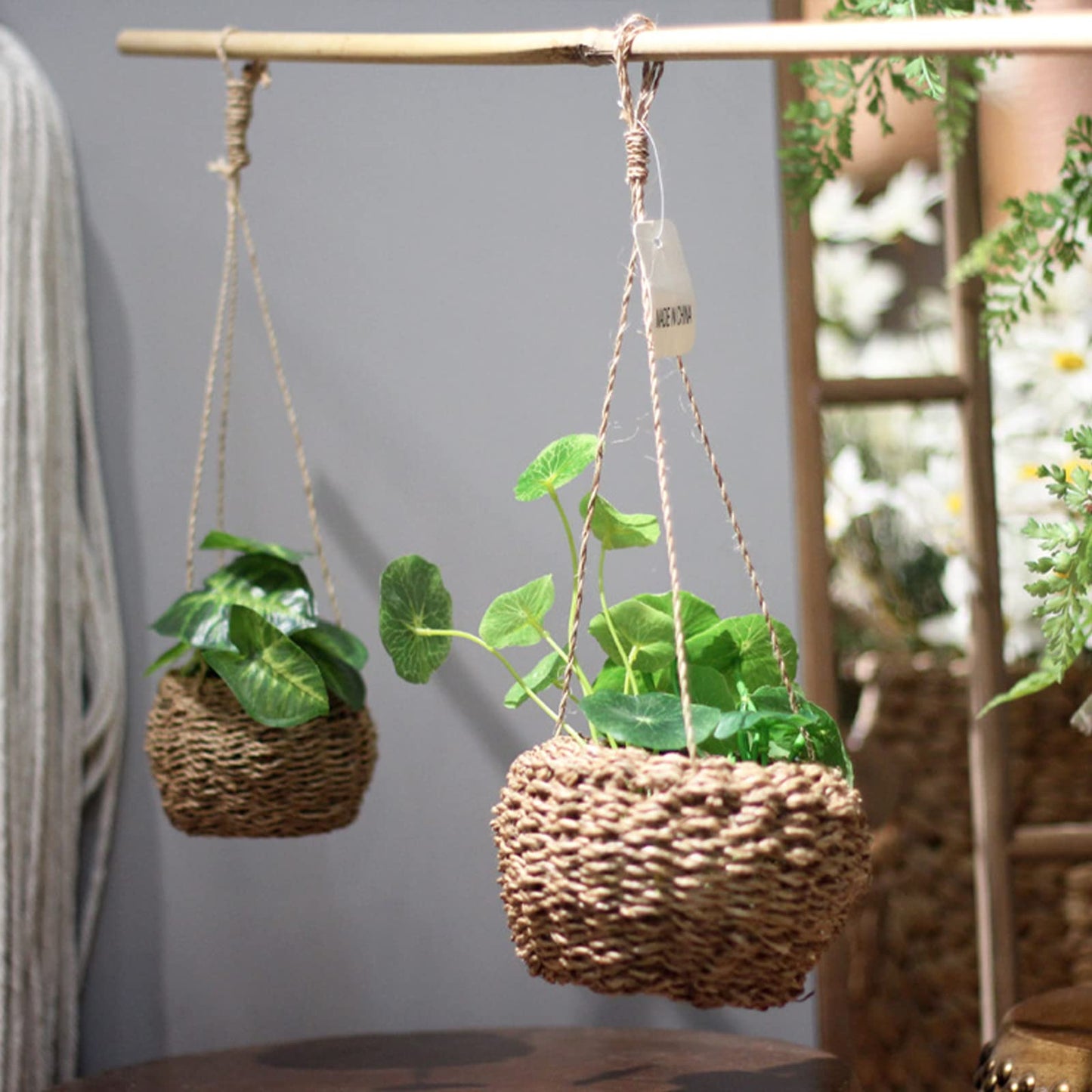 Kuppn 3.9 in Woven Hanging Plant Pot, Hemp Rope Hanging Planter with Rope, Woven Hanging Basket for Succulents, Air Plants and Small Cacti