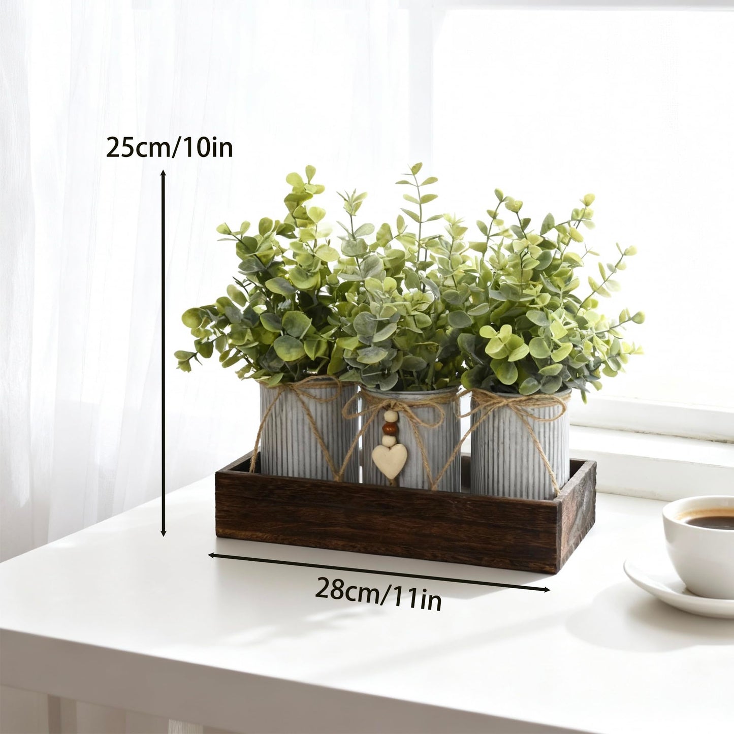 HEMYLU Artificial Flower Decorative Centerpiece, Frosty Green Eucalyptus Table Arrangement with 3 Rustic Metal Pots and Wood Tray for Farmhouse Home Décor