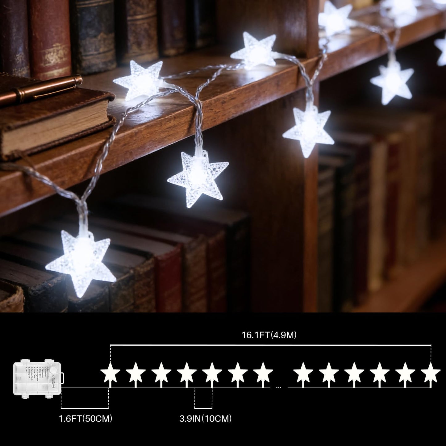 LAMPHOME White Star LED String Lights, 16ft 50 LED Star Fairy Lights with Clear Wire, 3AA Waterproof 8 Modes & Remote, Decorative Lights for Christmas Easter Tree Bedroom Wedding Party