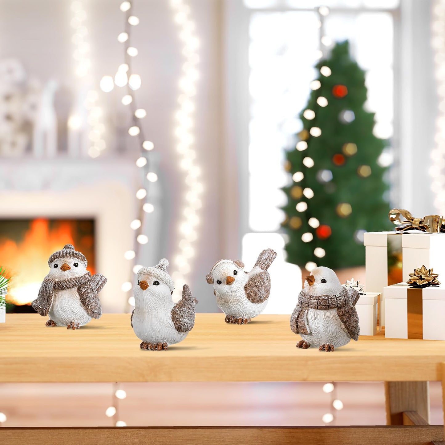 Cinnvoice 4 Pcs Wintry Resin Figurines Winter Christmas Bird Tabletop Figurine Decorations for Xmas Holiday Home Decor and Gifts (Cute)