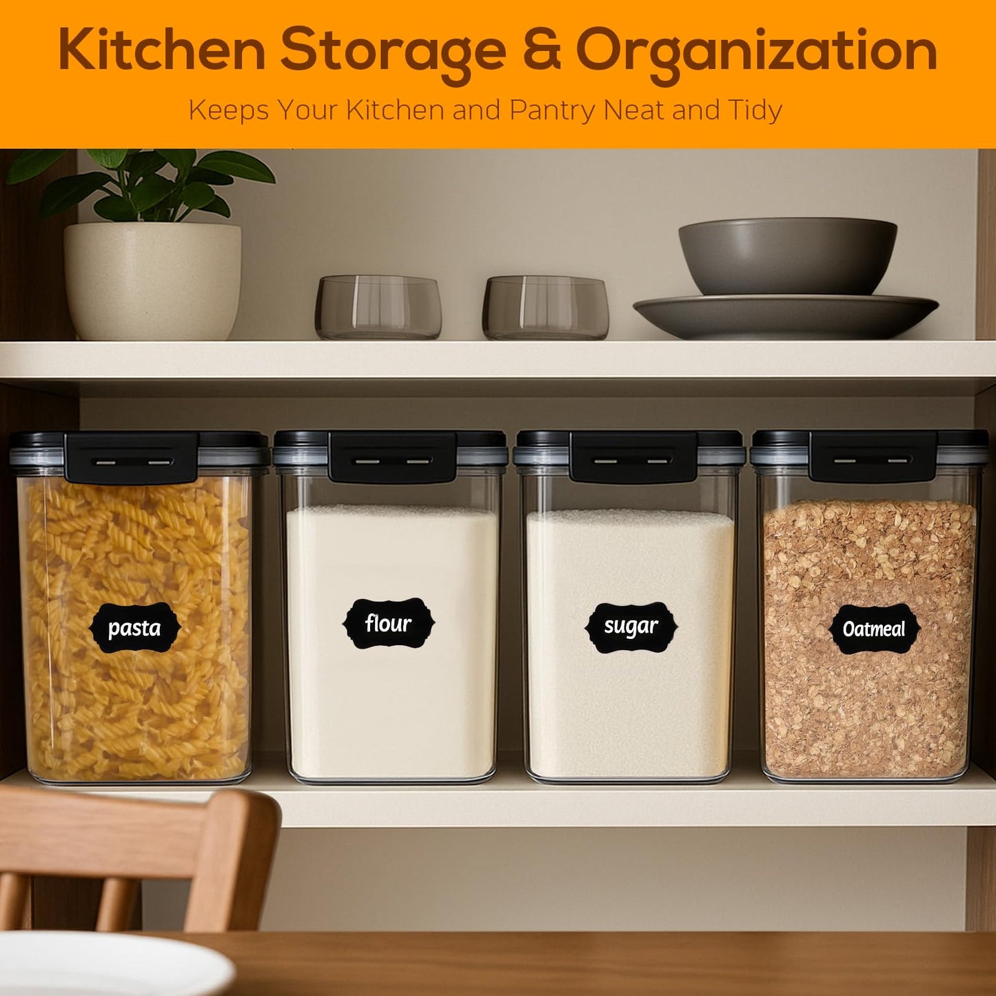 Large Thicker Food Storage Containers with Lids Airtight 5.3L/179Oz, 4pcs Plastic Pantry Storage Container for Dry Food/ Flour/ Sugar/ Pasta/ Cereal/ Baking Supplies, Canister for Kitchen Organization