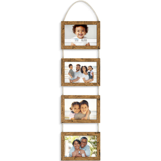 Icona Bay - 4x6 Wall Hanging Picture Frames Collage with 4 Openings - Rustic Brown - Casual Style Engineered Wood Frames - Wall Mount Only - Bliss Collection