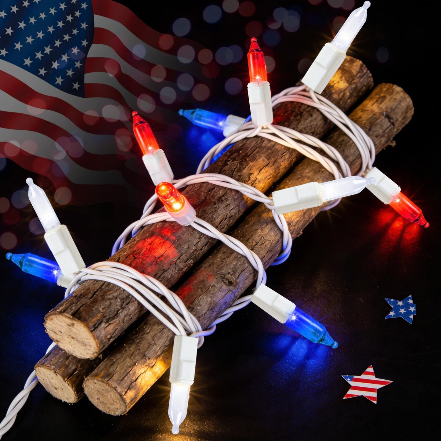 Couah 2 Pack 100 LED 38.4FT Red White and Blue Lights Battery Operated, Patriotic 4th of July Lights 8 Modes-Timer Indoor Outdoor Party Patriotic Memorial Day Independence 4th of July Decorations
