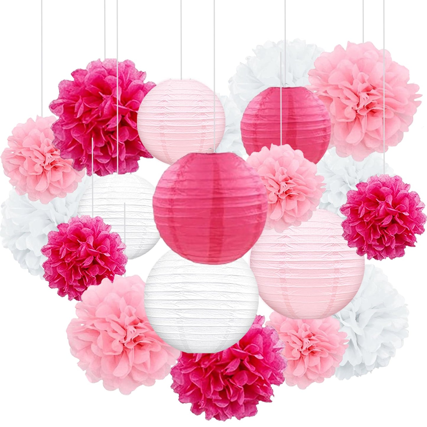 Celehappy Pink Paper Lanterns - Party Decorations Tissue Pom Poms for Weddings Birthdays - 18pcs Hanging Lanterns - Pink/White/Rose