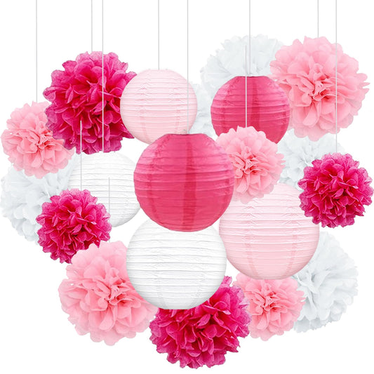 Celehappy Pink Paper Lanterns - Party Decorations Tissue Pom Poms for Weddings Birthdays - 18pcs Hanging Lanterns - Pink/White/Rose