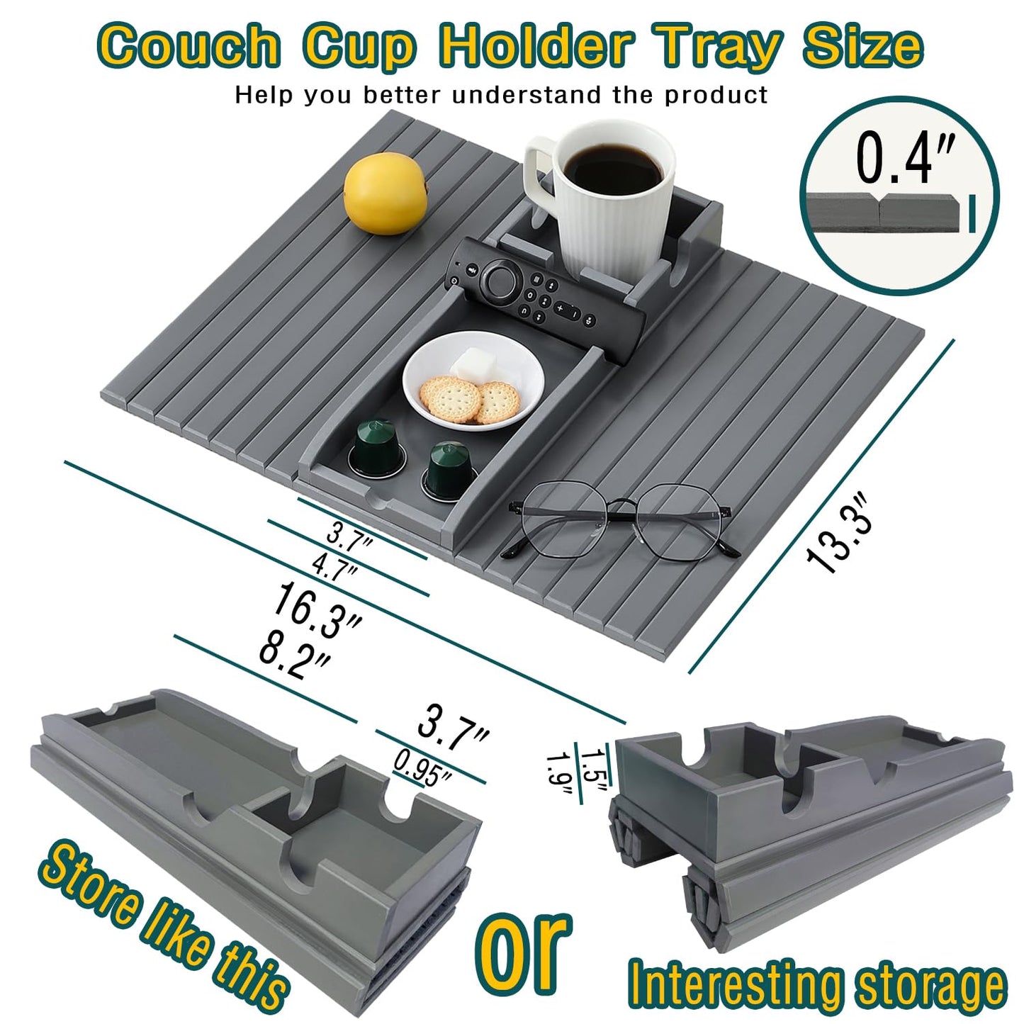HNLISA Bamboo Couch Cup Holder Arm Tray，Foldable Couch Drink Holder Armrest Table，Sofa Arm Rest Tray，Flexible Arm Chair Table Recliners for Drink,Cups, Snacks, Phone, Remote (Grey)