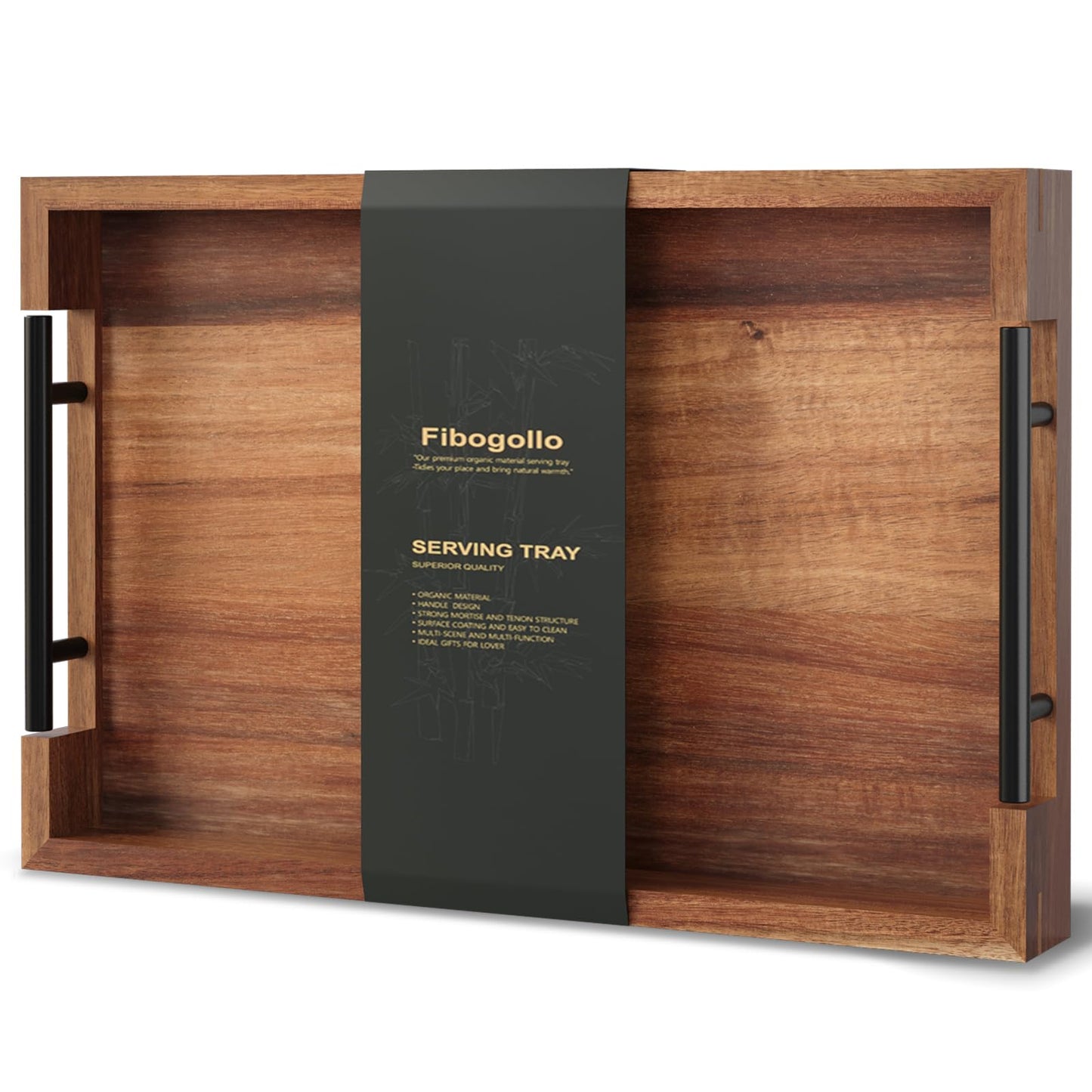 Fibogollo Acacia Wood Serving Tray with Metal Handles,15x10in Ottoman Decorative Trays Platter for Coffee Table,Living Room,Bar,Party(Medium)