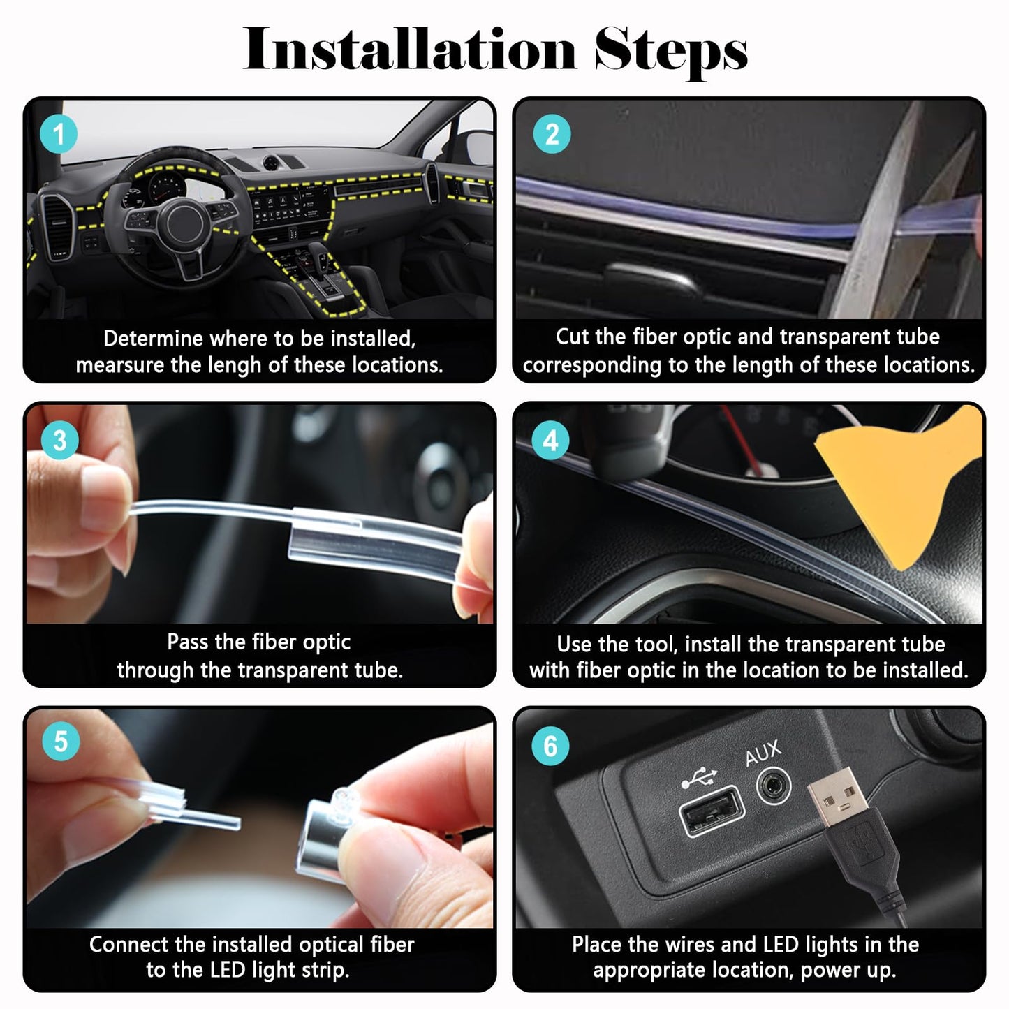 DEHERANE Interior Car LED Strip Lights, RGB 6 in 1 Ambient Lighting Kits with 315 inches Fiber Optic, 16 Million Colors Car Interior Lights with Wireless APP and Remote Control, Sync to Music
