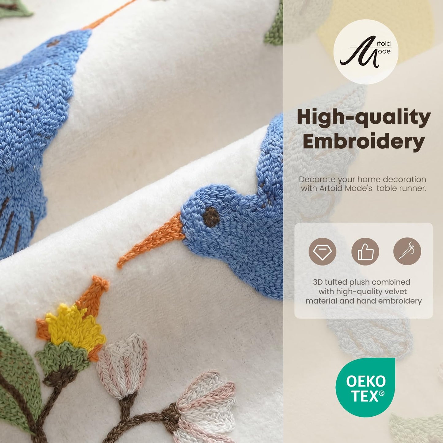 Artoid Mode Beige Soft Chain Embroidery Flower Bird Lemon Spring Table Runner, Seasonal Summer Kitchen Dining Table Decoration for Home Party Decor 13x72 Inch