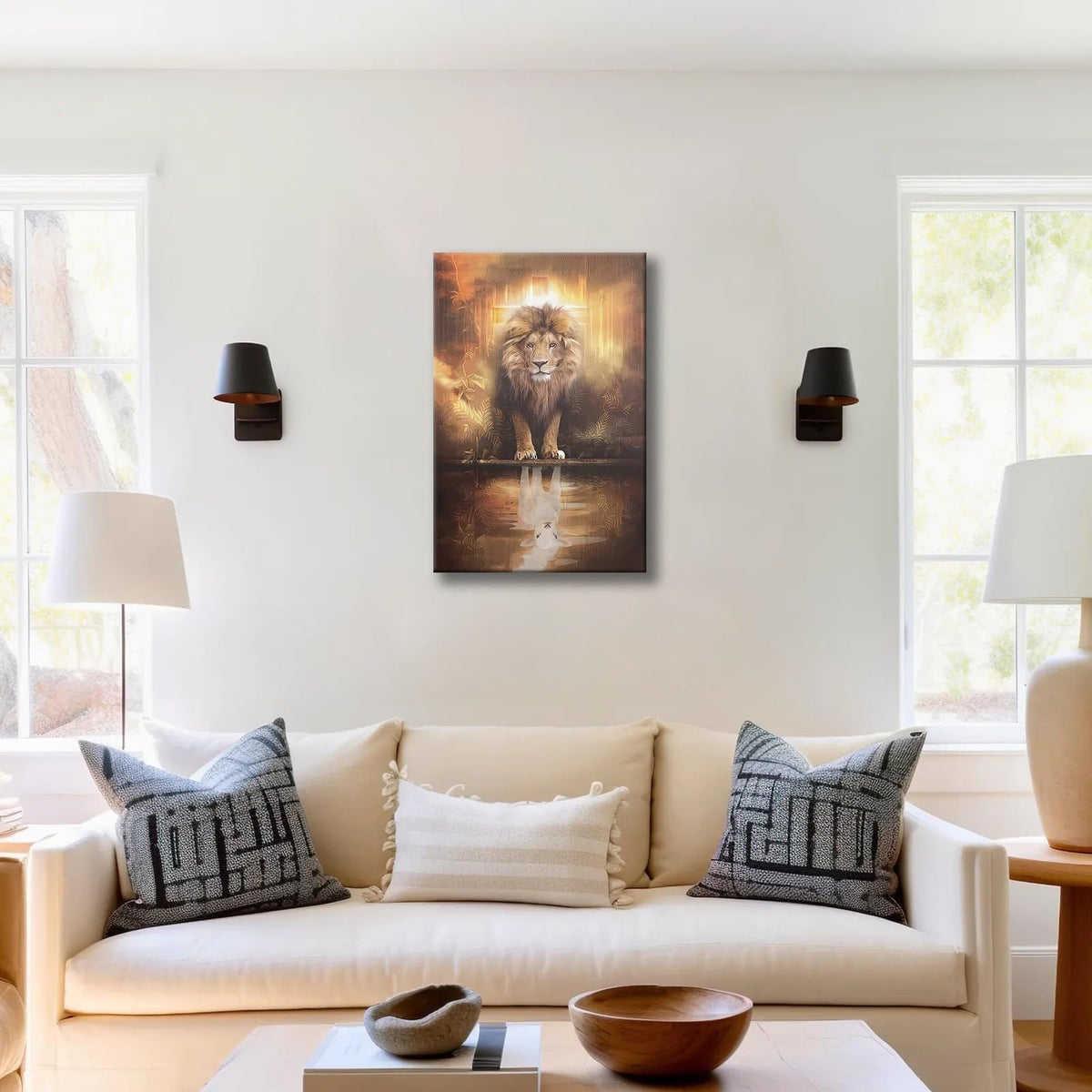 Framed Animal Print Majestic Lion Canvas Wall Art Spiritual Jungle Poster Inspirational Christian Painting Nature Wildlife Gallery Wrap Print for Home Decor 12x16 Inch Ready to Hang