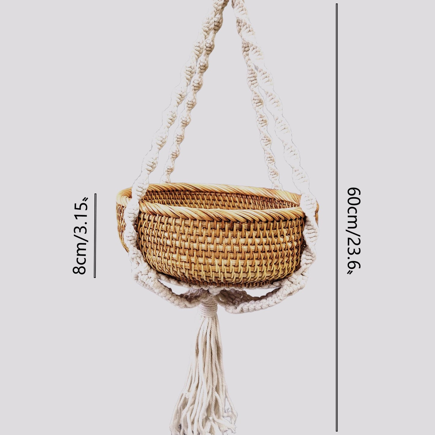chicapica 8.7" Woven Macrame Plant Hanger & Hanging Rattan Basket - Boho Decorative Wall Basket for Indoor Plants & Dried Flowers - Handmade Wicker Storage for Farmhouse Home Decor, Living Room