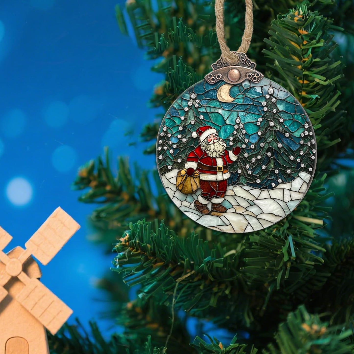 AMDERVEN Stained Glass Christmas Decorations, Santa Claus Giving Gifts Suncatcher for Window Christmas Tree Hanging Ornaments Snow Scene Sun Catcher Xmas Decor Gifts for Women Men Mom Nana Friend