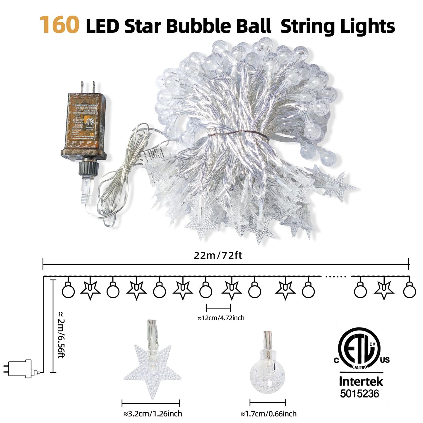 Crystal Globe & Star String Lights Plug in - 72 FT 160 LED Star Fairy String Lights with Remote Control Timer Waterproof Indoor Outdoor Hanging Globe Lights for Bedroom Wedding Party Patio Warm White