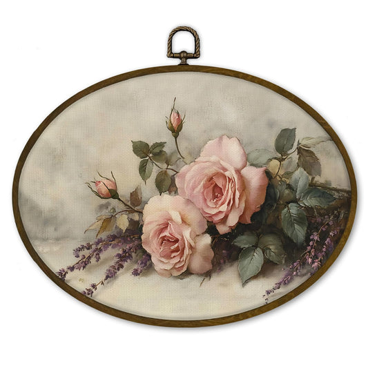 nvucamd Rustic Pink Rose Floral Oval Wall Art Decor Framed, Vintage Pink Flower Canvas Prints Wall Art, Farmhouse Shabby Chic Floral Hanging Decor for Gallery Bathroom Bedroom Living Room, 11.3x8.7 In