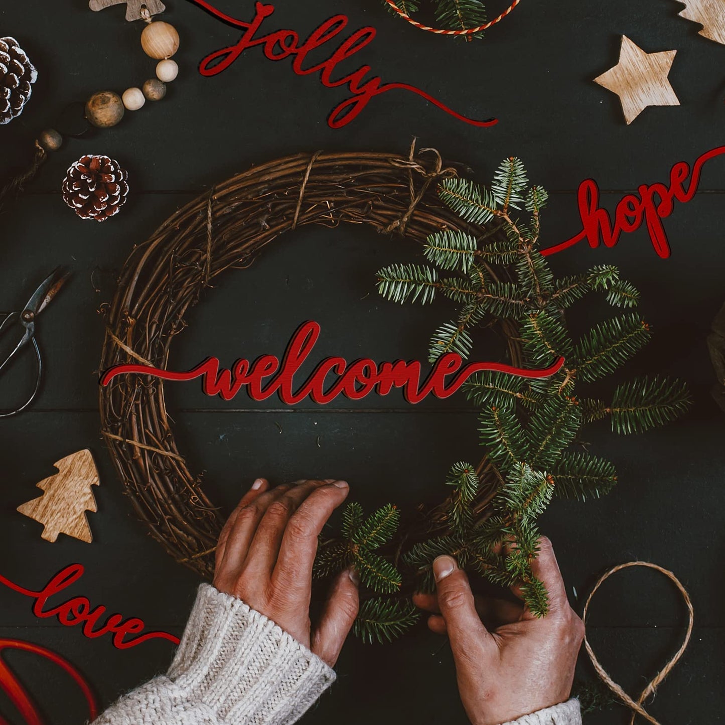 BORAMDO Christmas Wooden Letter Wall Sign Decor 12Pcs, Wooden Words Cutouts for Home Decorations, Table Plate Rustic Ornaments, Blessed Joyful Believe Welcome Merry Christmas Red Wooden Signs…