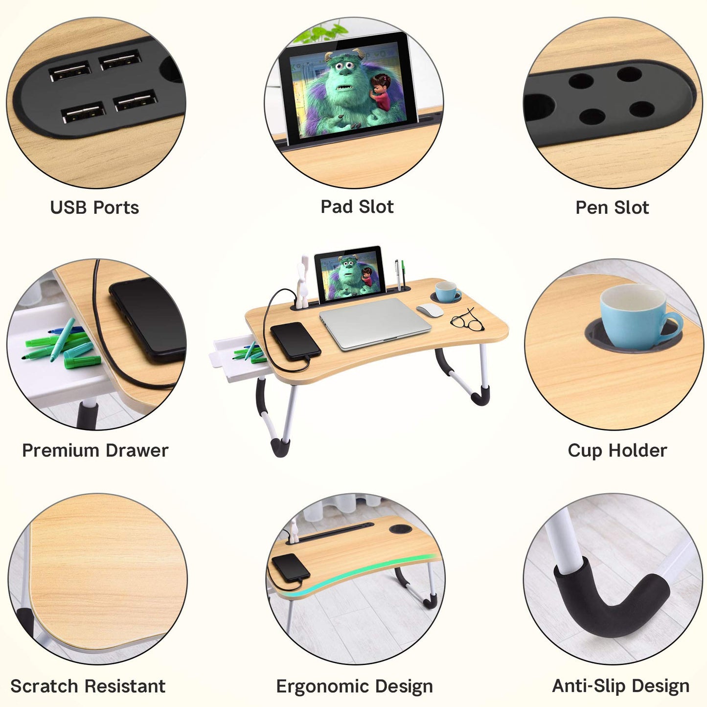 Slendor Lap Desk with Tablet Slot, Foldable Laptop Table with Storage Drawer for Bed，Portable Bed Desk for Laptop, Computer Tray with Cup Holder Notebook Stand Reading Holder for Couch Floor, Walnut