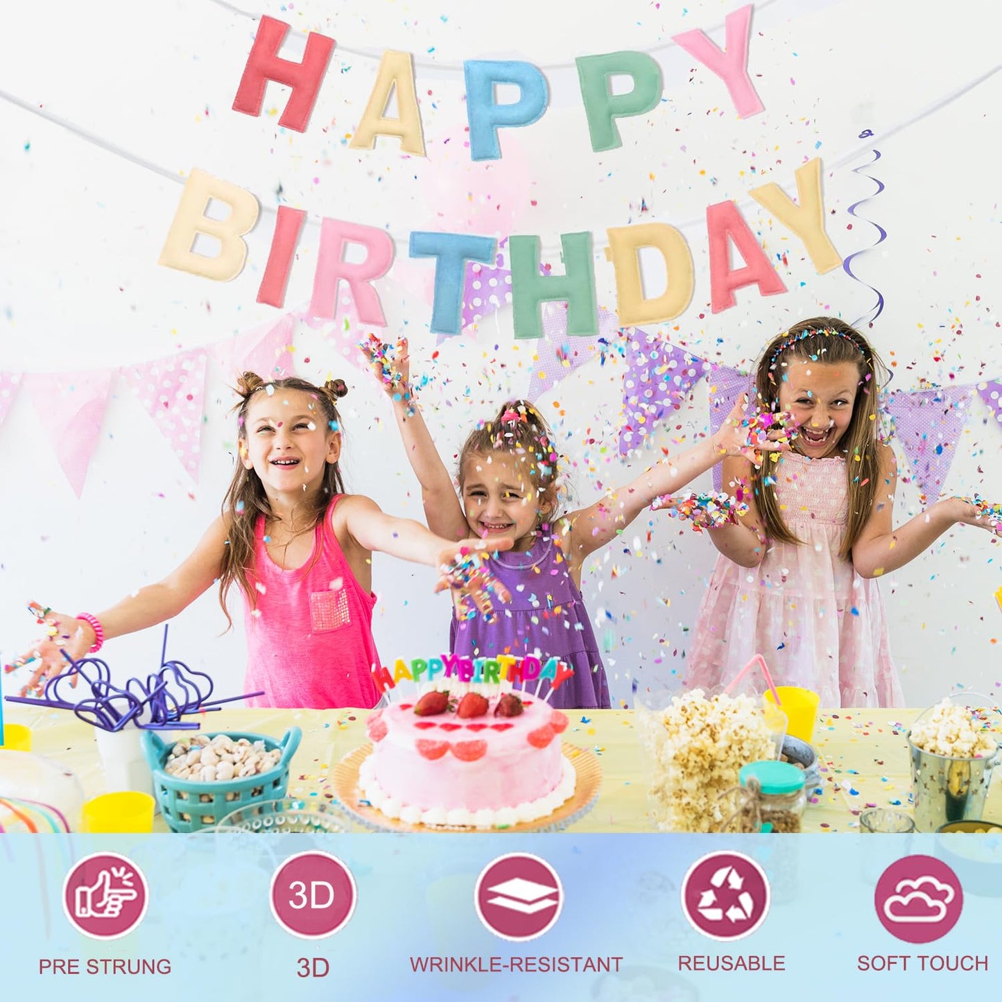 Felt Happy Birthday Banner, Pre-Strung 3D Birthday Rainbow Garland, Reusable Decorations Sign, Handmade Felt Banner for Women Girl, Party Decor, Photo Prop, Macaron