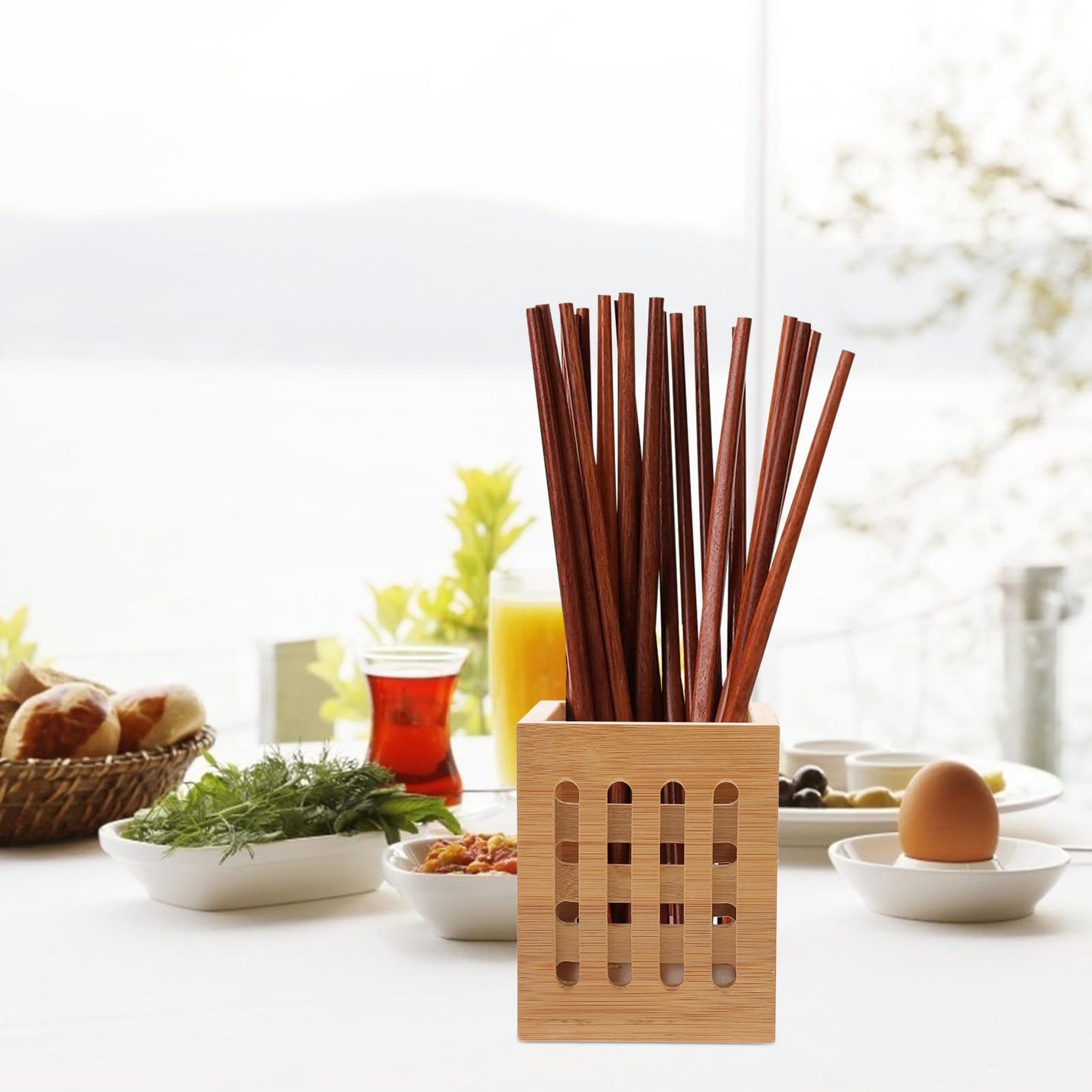 DOITOOL Bamboo Utensil Holder Wood Kitchen Utensil Holder for Napkin Spoon Chopstick Drying Rack Spatula Storage Organizer for Countertop Kitchen Decor